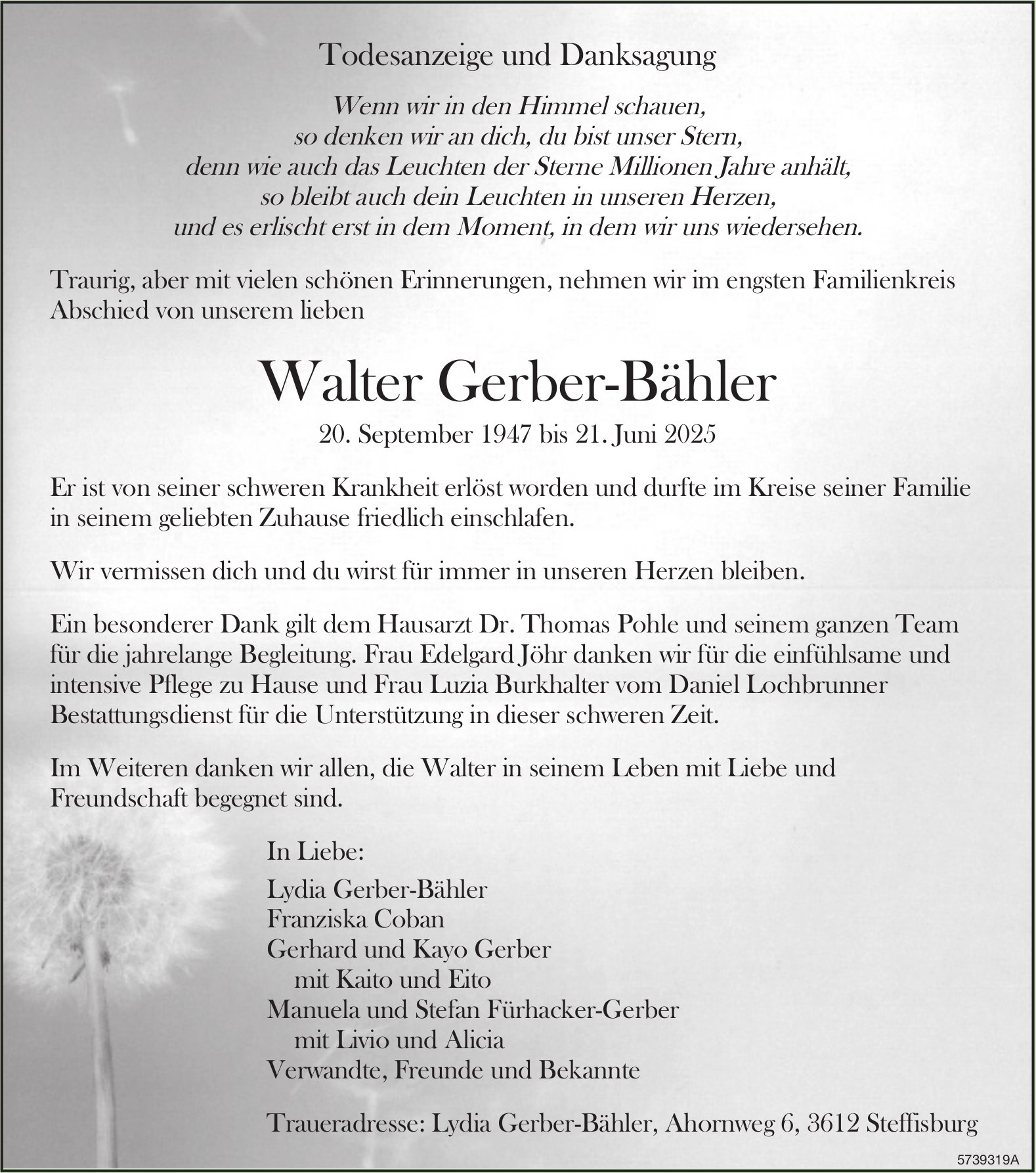 Gerber-Bähler Walter, Juni 2025 / TA