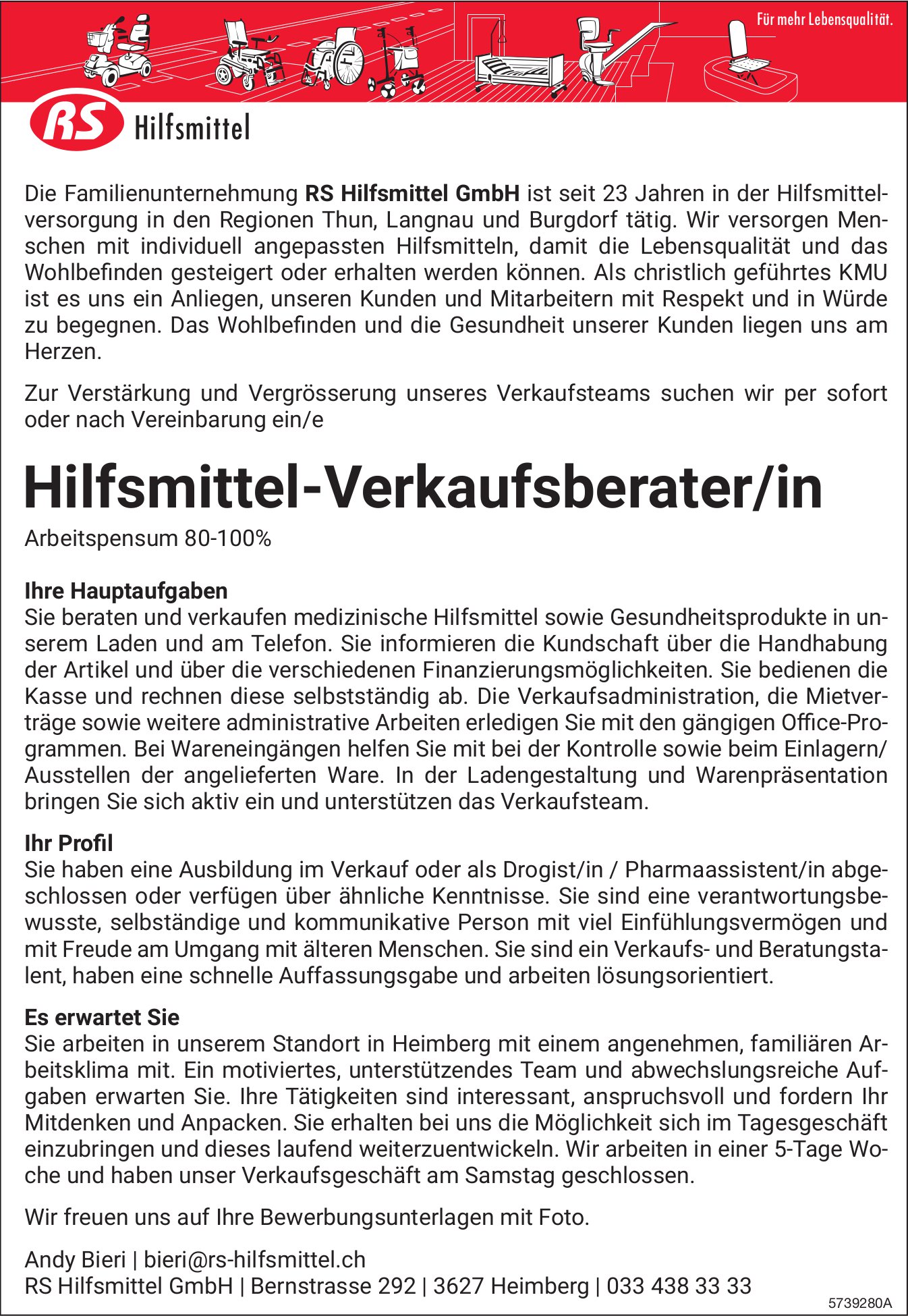 Hilfsmittel-Verkaufsberater/in 80-100%, RS Hilfsmittel GmbH, Heimberg, gesucht