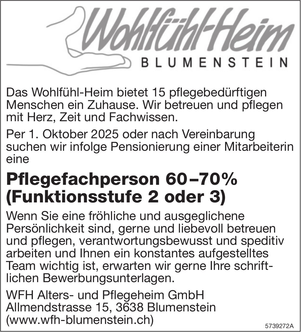 Pflegefachperson 60-70%, WFH Alters- Pflegeheim GmbH, Blumenstein, gesucht