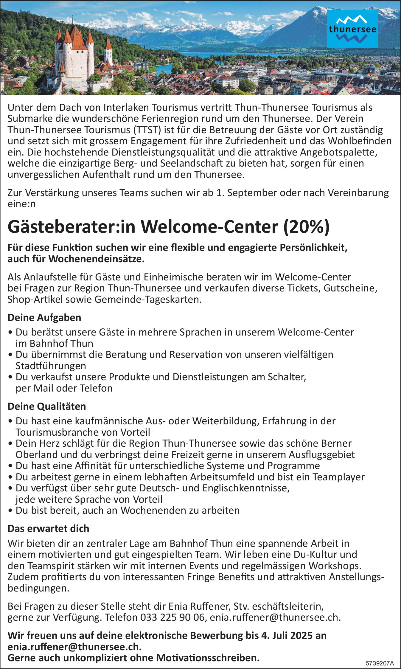 Gästeberater:in Welcome-Center (20%), Interlaken Tourismus, gesucht
