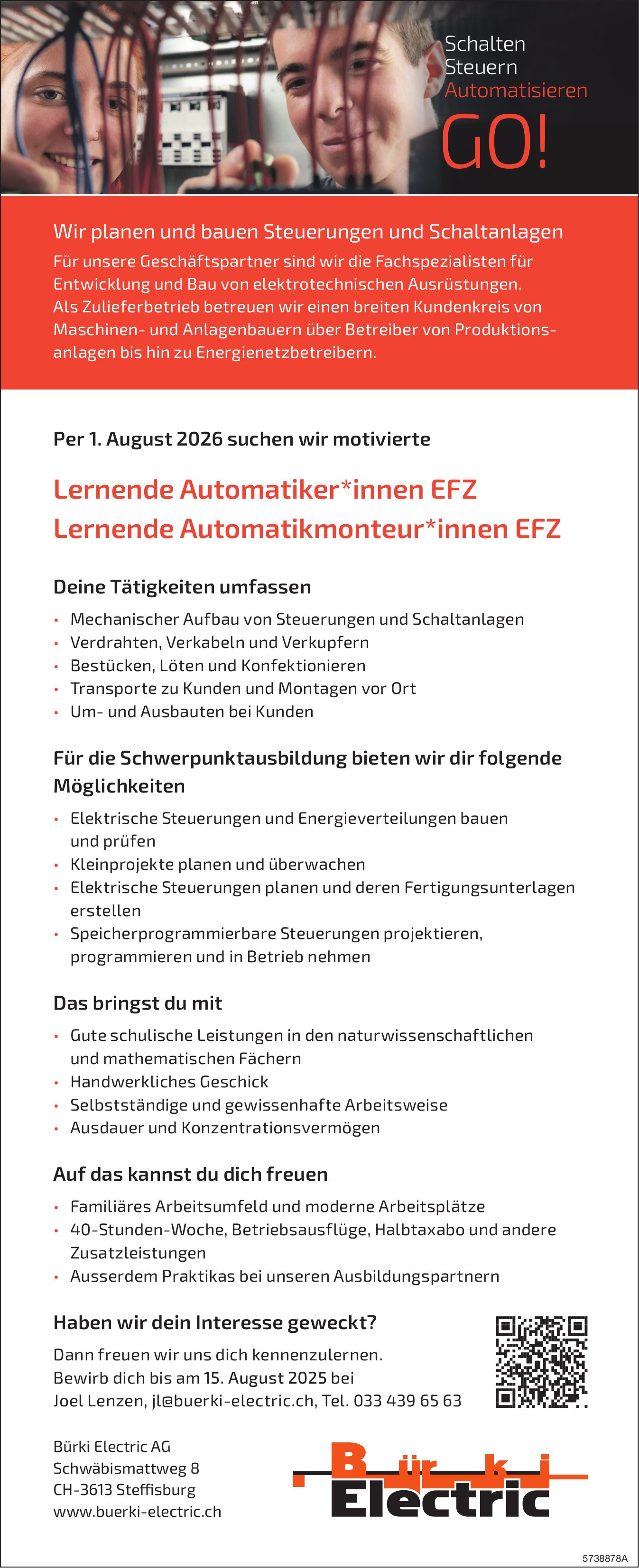 Lehrstellen als Automatiker*innen EFZ und Automatikmonteur*innen EFZ, Bürki Electric AG, Steffisburg, zu vergeben