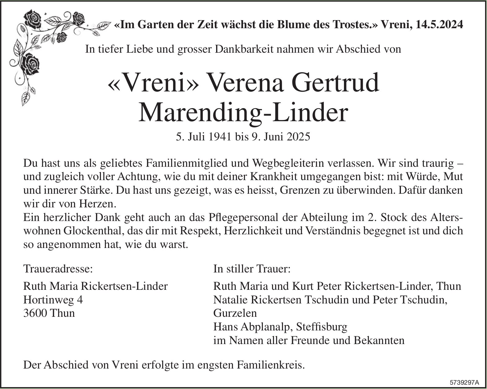 Marending-Linder «Vreni» Verena Gertrud, Juni 2025 / TA
