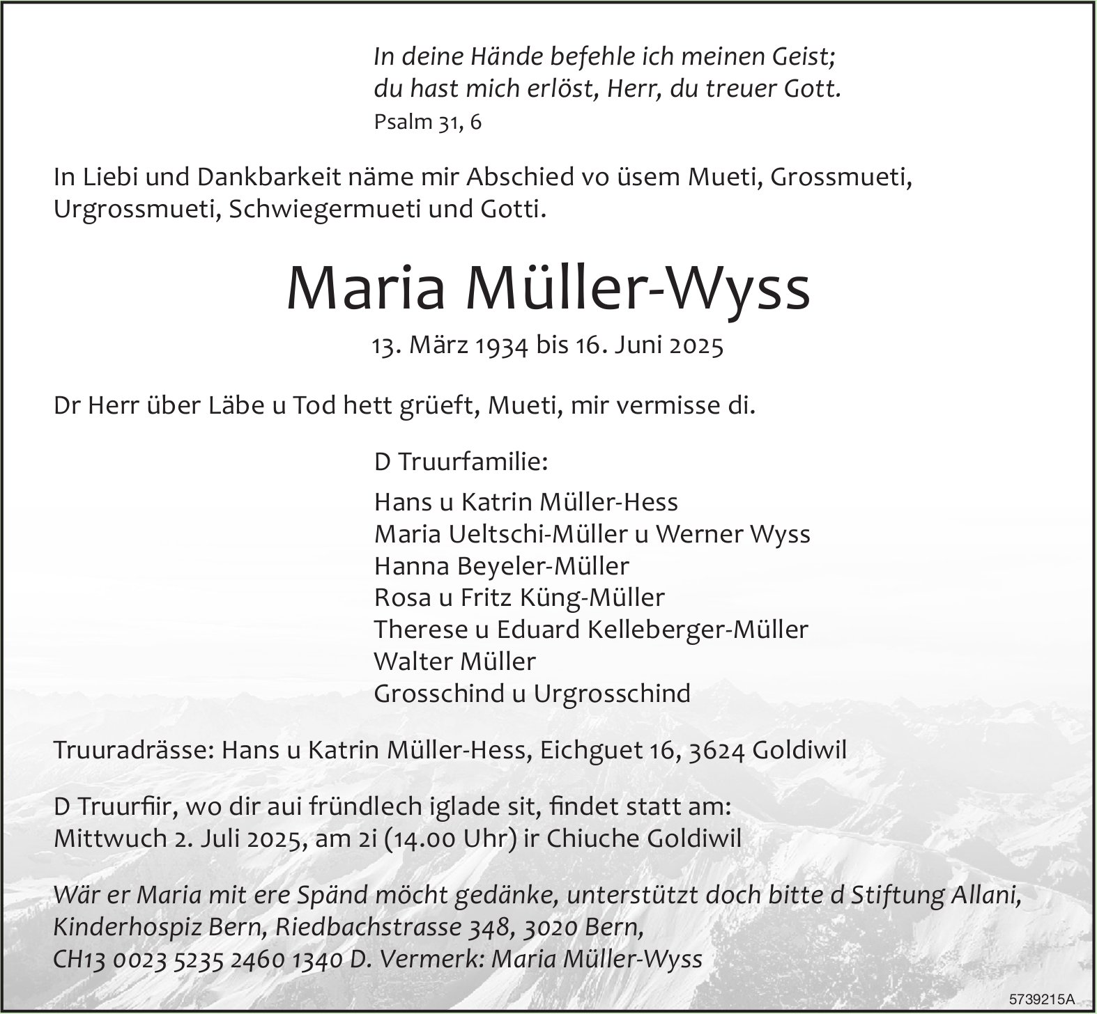 Müller-Wyss Maria, Juni 2025 / TA