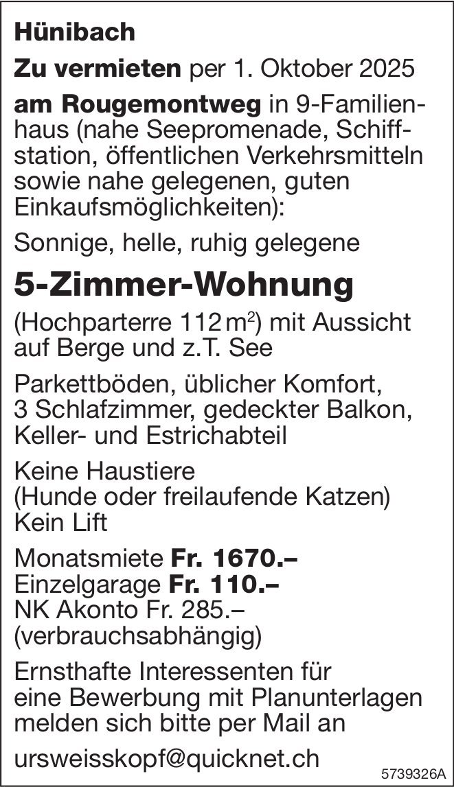 5-Zimmer-Wohnung, Hünibach, zu vermieten