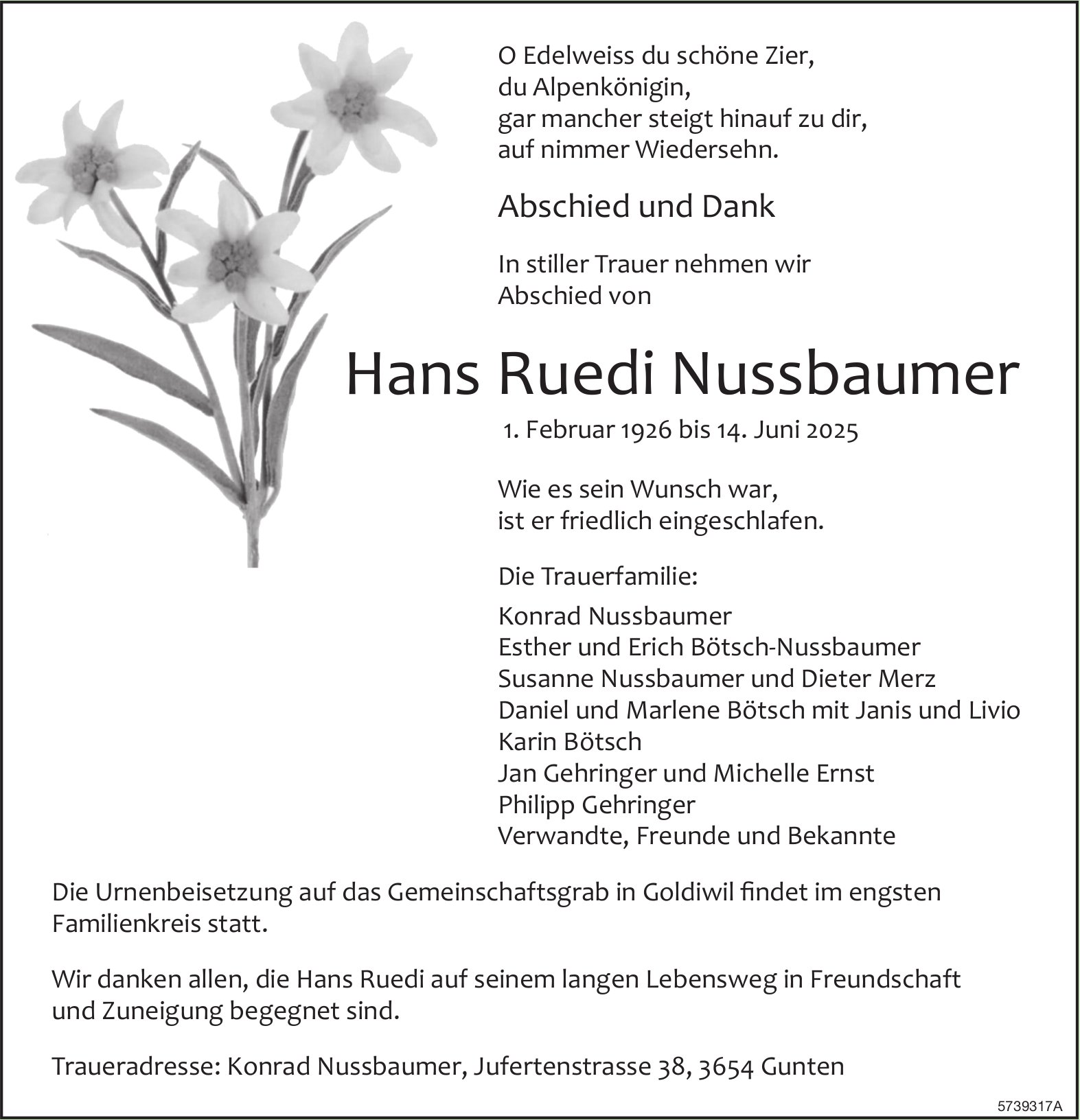 Nussbaumer Hans Ruedi, Juni 2025 / TA