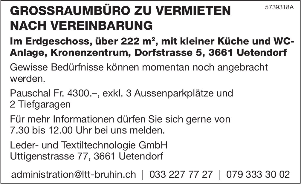 Grossraumbüro, Uetendorf, zu vermieten