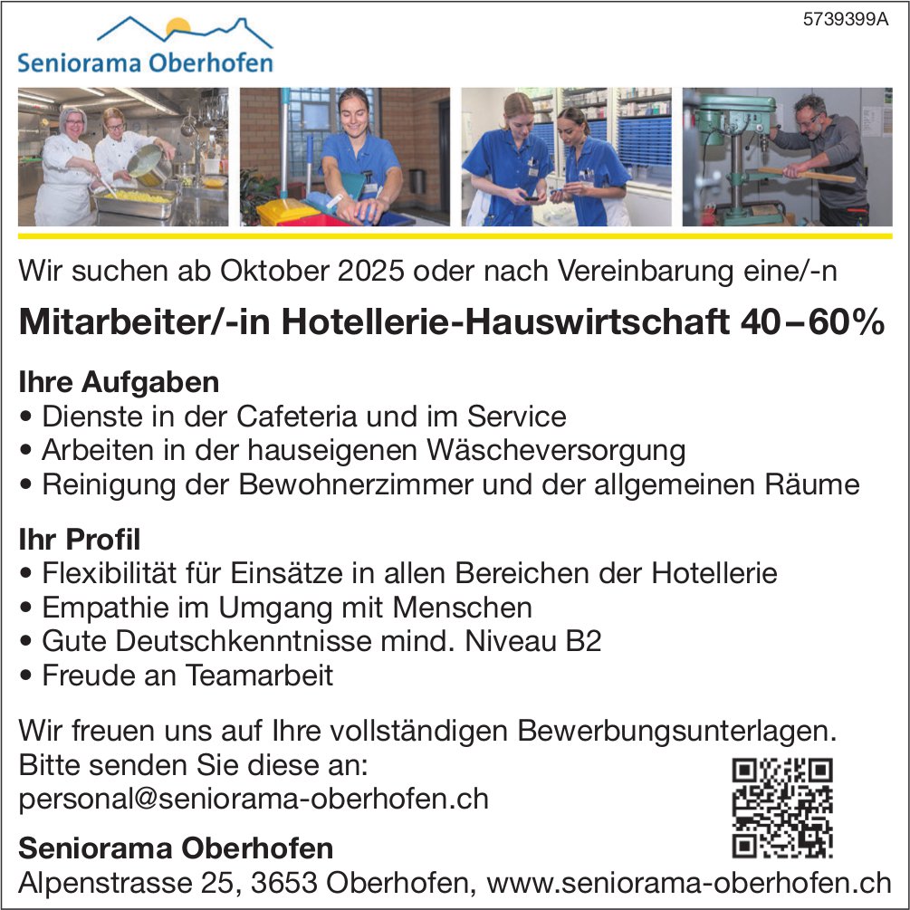 Mitarbeiter/-in Hotellerie-Hauswirtschaft 40-60%, Seniorama Oberhofen, gesucht