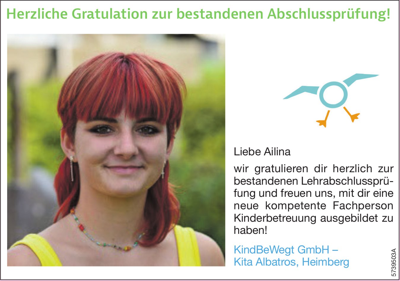 KindBeWegt GmbH, Kita Albatros, Heimberg - Wir gratulieren Ailina zur bestandenen LAP