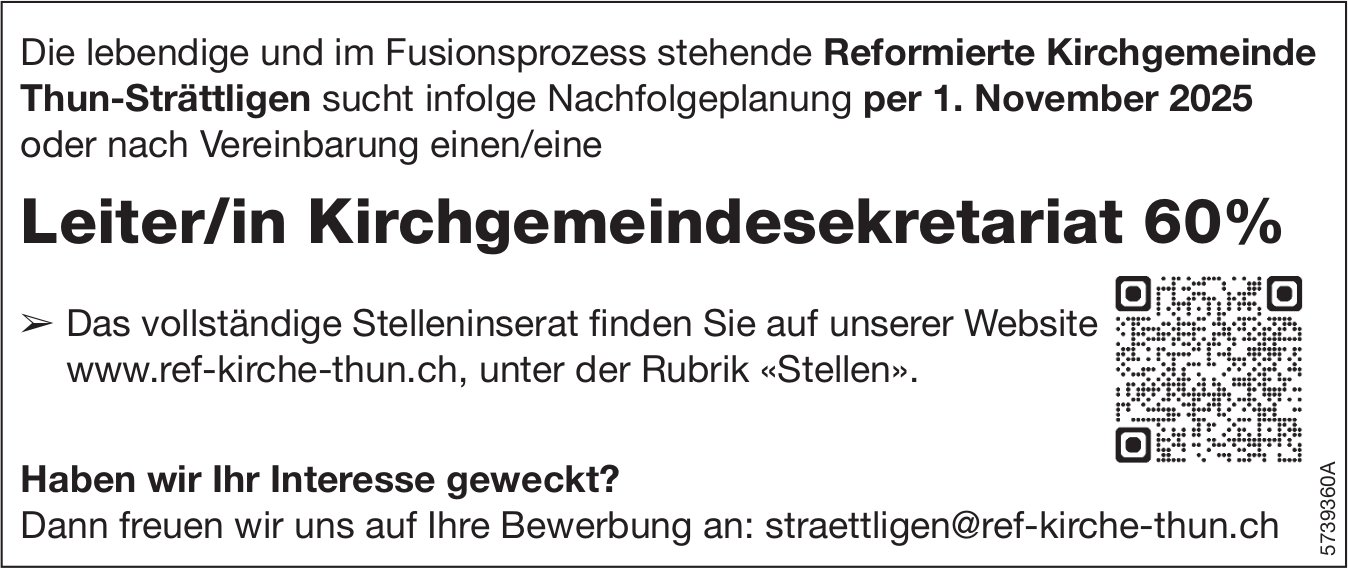 Leiter/in Kirchgemeindesekretariat 60%, Kirchgemeinde, Thun-Strättligen, gesucht