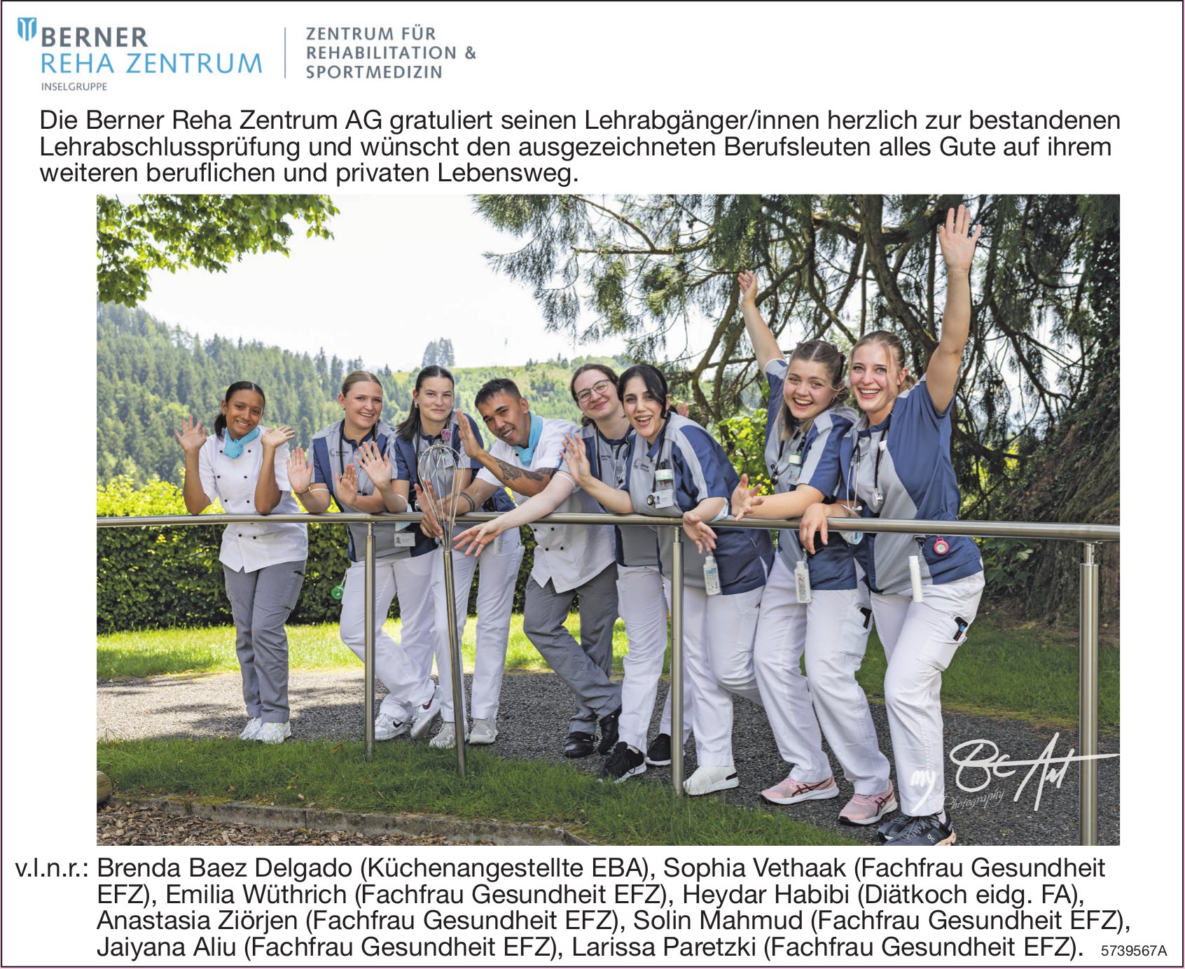 Berner Reha Zentrum AG, Die Berner Reha Zentrum AG gratuliert seinen Lehrabgänger/innen herzlich zur bestandenen LAP