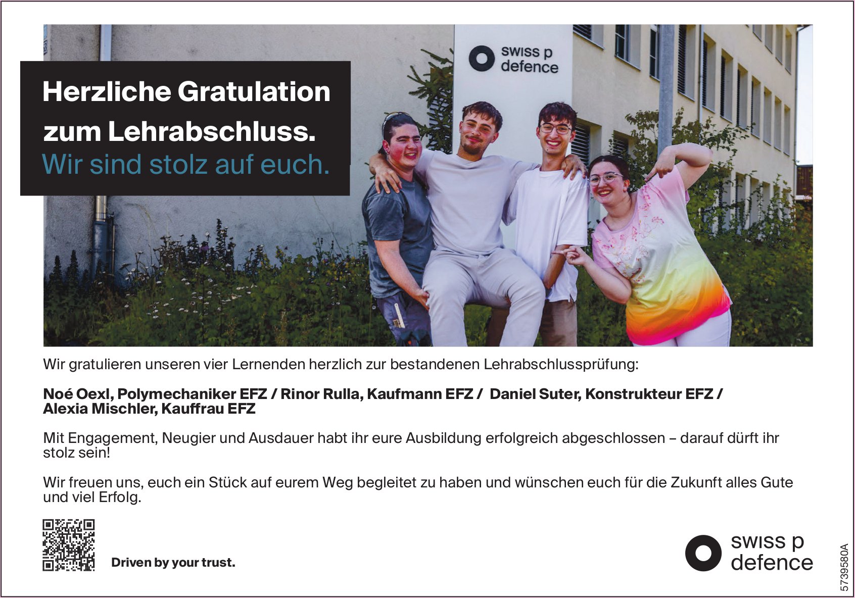 Swiss Defence, Wir gratulieren Noé Oexl, Rinor Rulla,  Daniel Suter und Alexia Mischler zur bestandenen Lehrabschlussprüfung