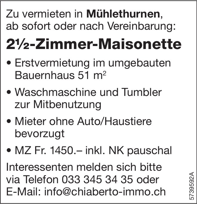2.5-Zimmer-Maisonette, Mühlethurnen, zu vermieten