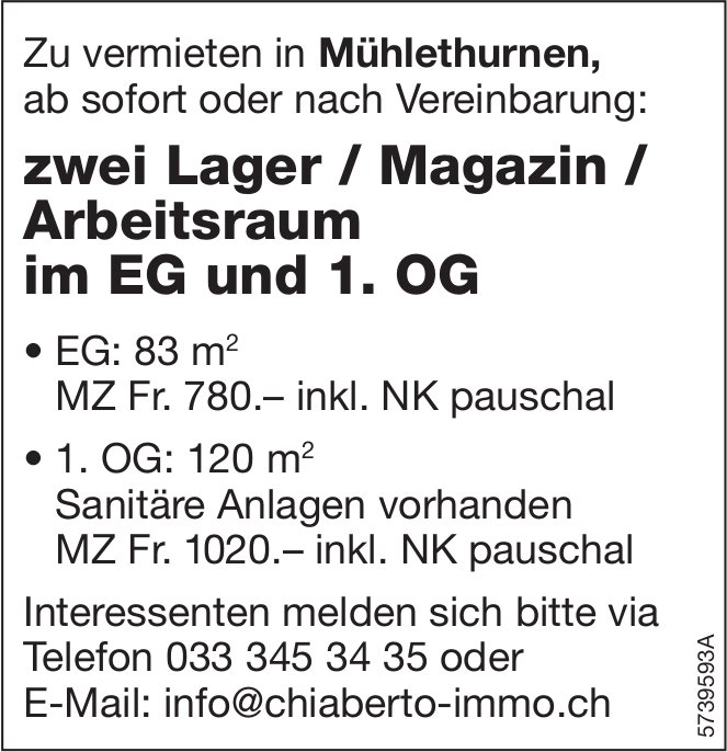 Zwei Lager / Magazin / Arbeitsraum, Mühlethurnen, zu vermieten