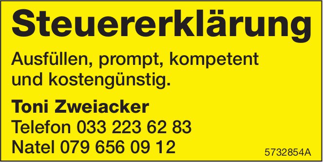 Toni Zweiacker - Steuererklärung Ausfüllen, prompt,  kompetent und kostengünstig.