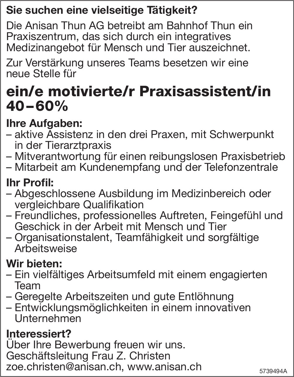 Praxisassistent/in 40-60%, Anisan Thun AG, gesucht