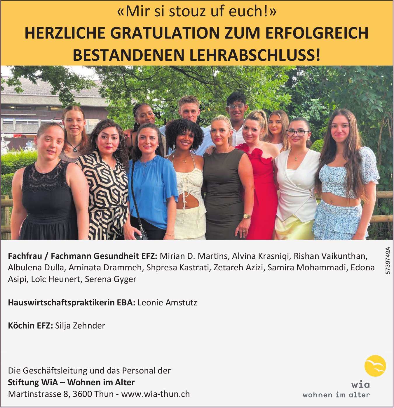 Stiftung WiA - Wohnen im Alter, Thun - Herzliche Gratulation zum erfolgreichen Lehrabschluss