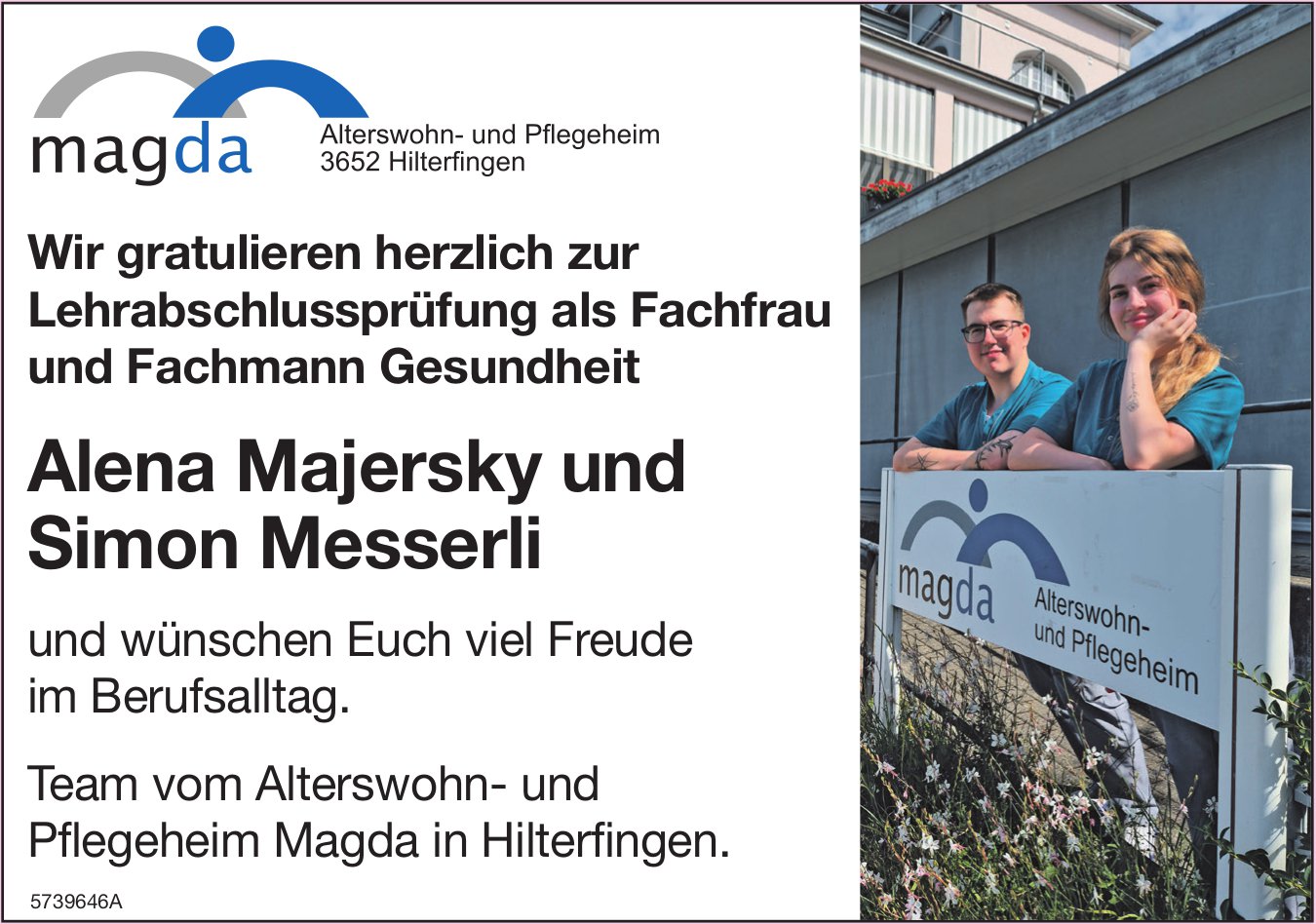Alterswohn- und Pflegeheim Magda, Hilterfingen - Wir gratulieren Alena Majersky und Simon Messerli zur Lehrabschlussprüfung