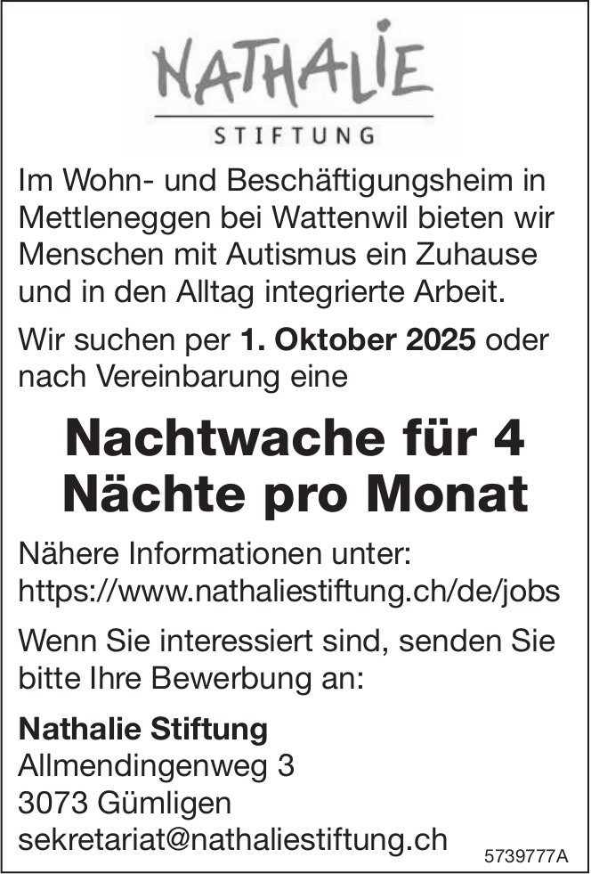Nachtwache für 4 Nächte pro Monat, Nathalie Stiftung, Gümligen, gesucht