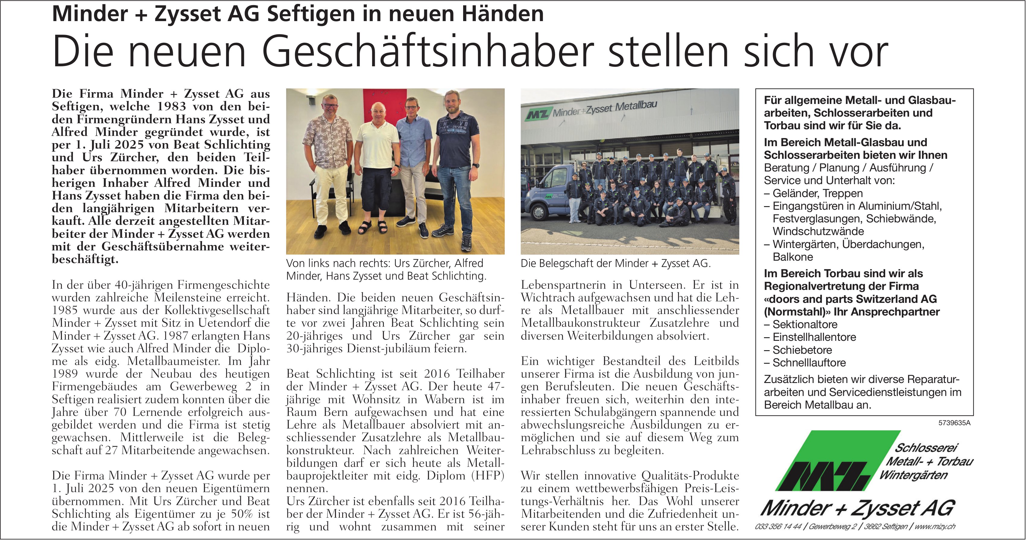 Minder + Zysset AG, Seftigen - Die neuen Geschäftsinhaber stellen sich vor