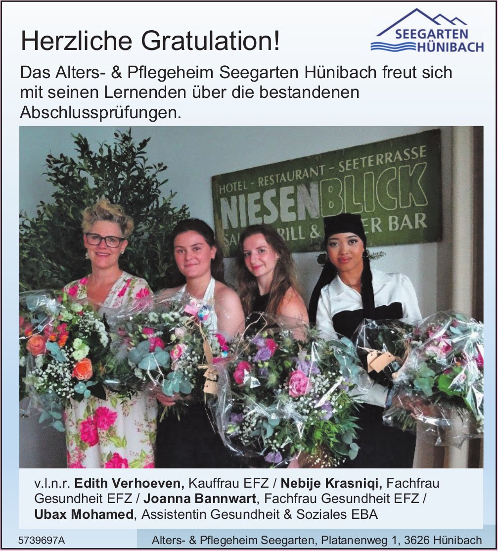 Hünibach - Wir gratulieren Edith, Nebije,  Joanna und Ubax zu den bestandenen Abschlussprüfungen.