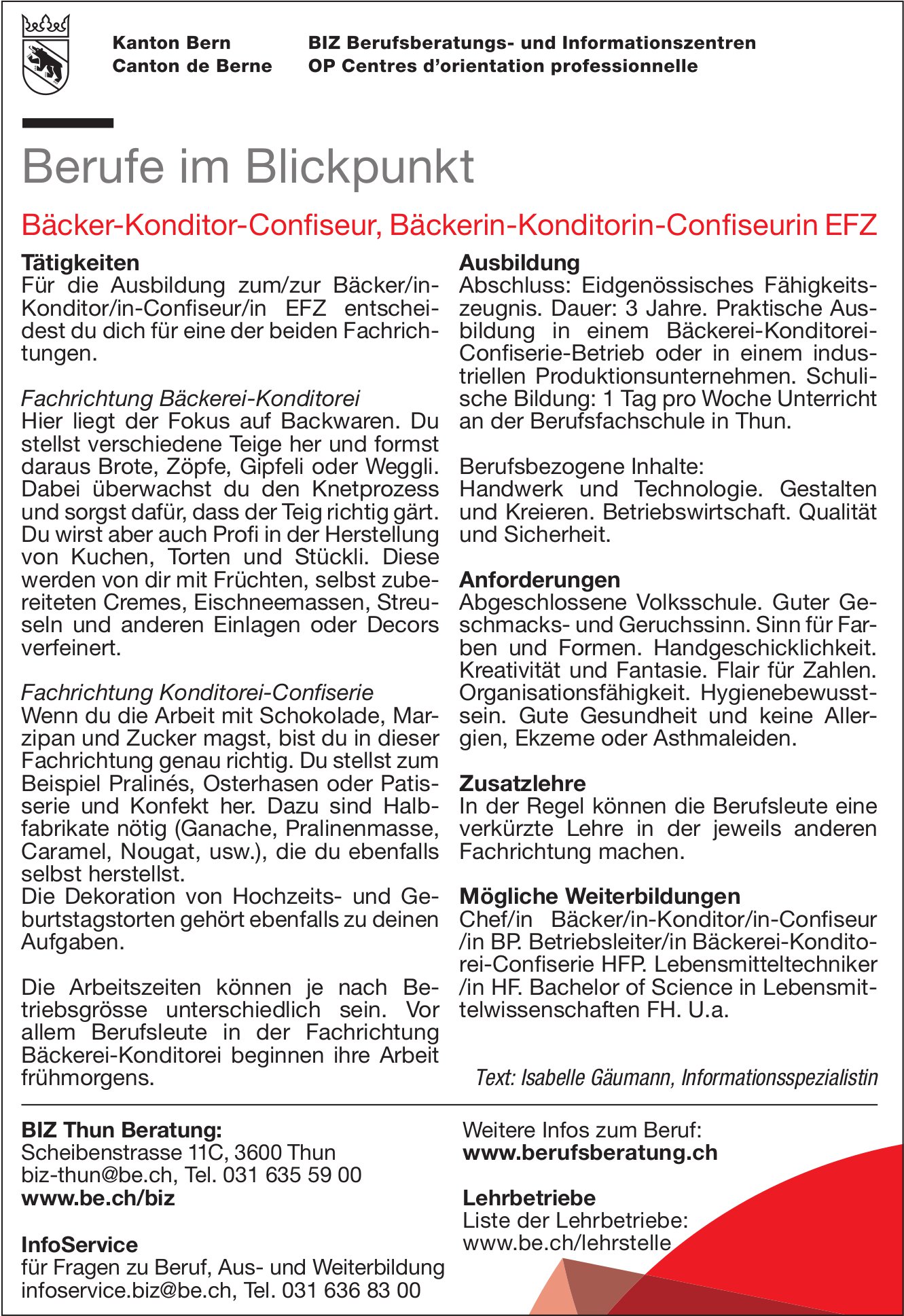 Bäcker-Konditor-Confiseur, Bäckerin-Konditorin-Confiseurin EFZ, BIZ Berufsberatungs- und Informationszentren, Thun,  gesucht
