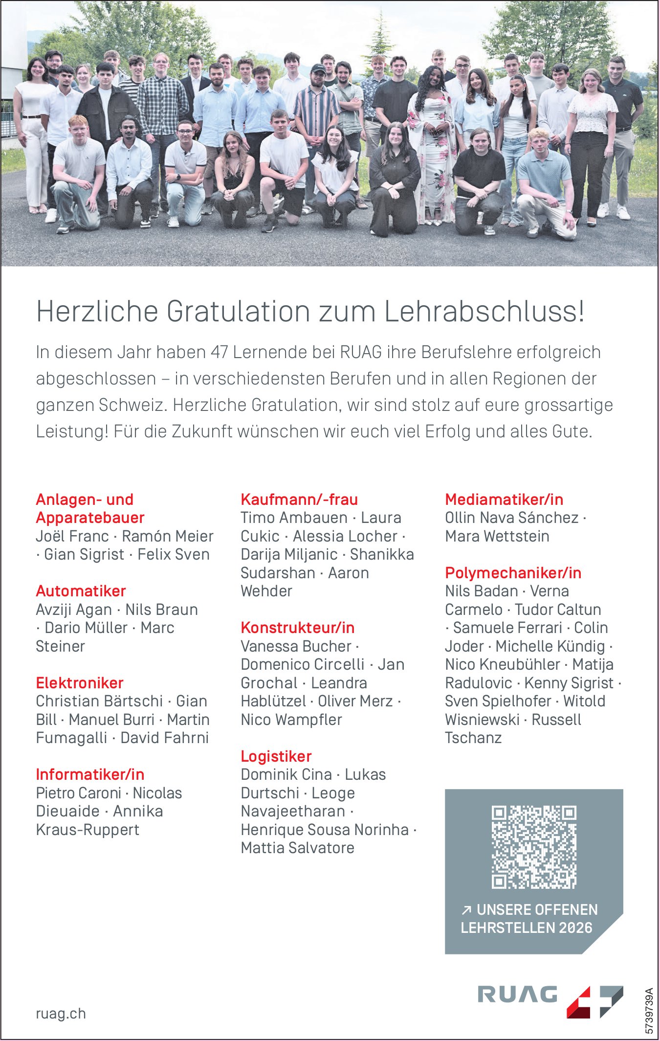 RUAG, Herzliche Gratulation zum Lehrabschluss