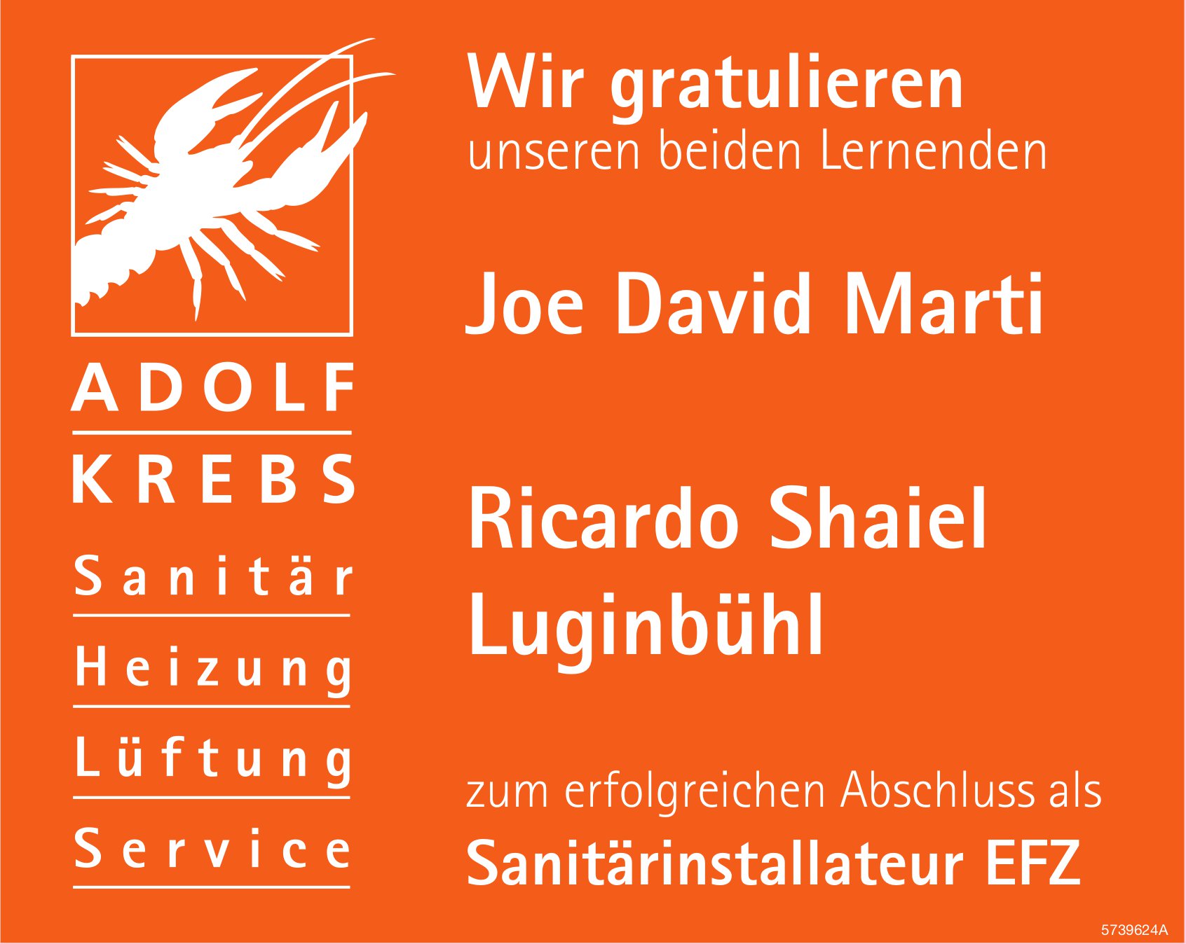 Adolf Krebs AG, Wir gratulieren Joe David Marti und Ricardo Shaiel Luginbühl zum erfolgreichen Abschluss