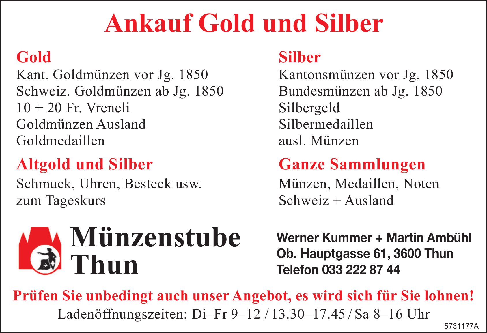 Münzenstube, Thun - Ankauf Gold und Silber