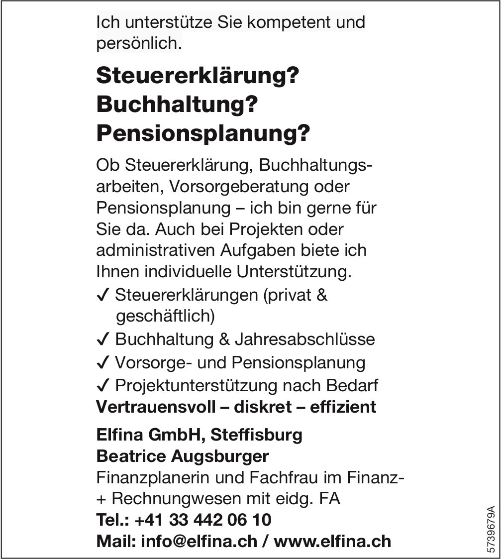 Elfina GmbH, Steffisburg - Steuererklärung? Buchhaltung? Pensionsplanung?