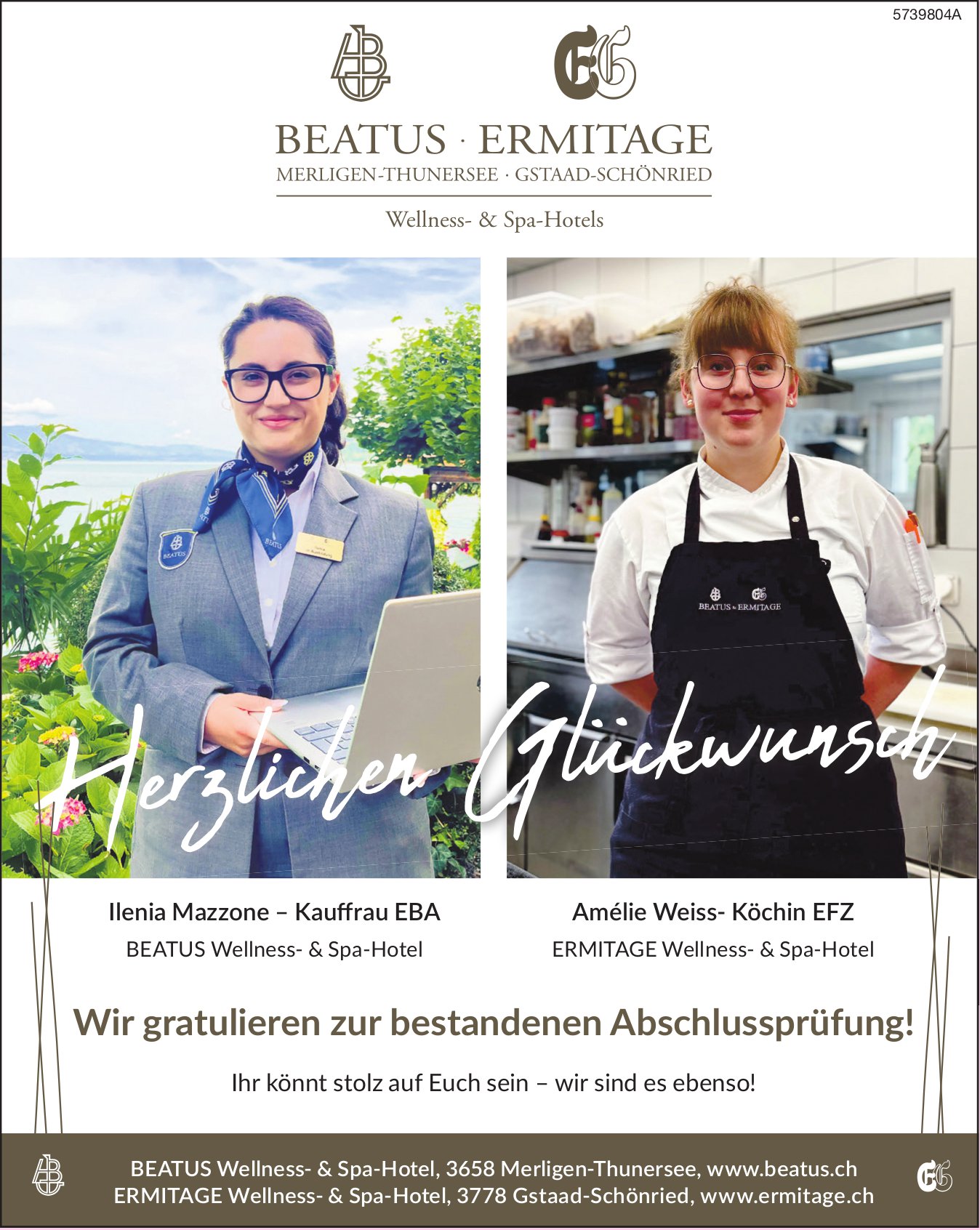 Beatus Ermitage, Merligen-Thunersee, Gstaad-Schönried - Wir gratulieren Ilenia Mazzone und Amélie Weiss zur LAP