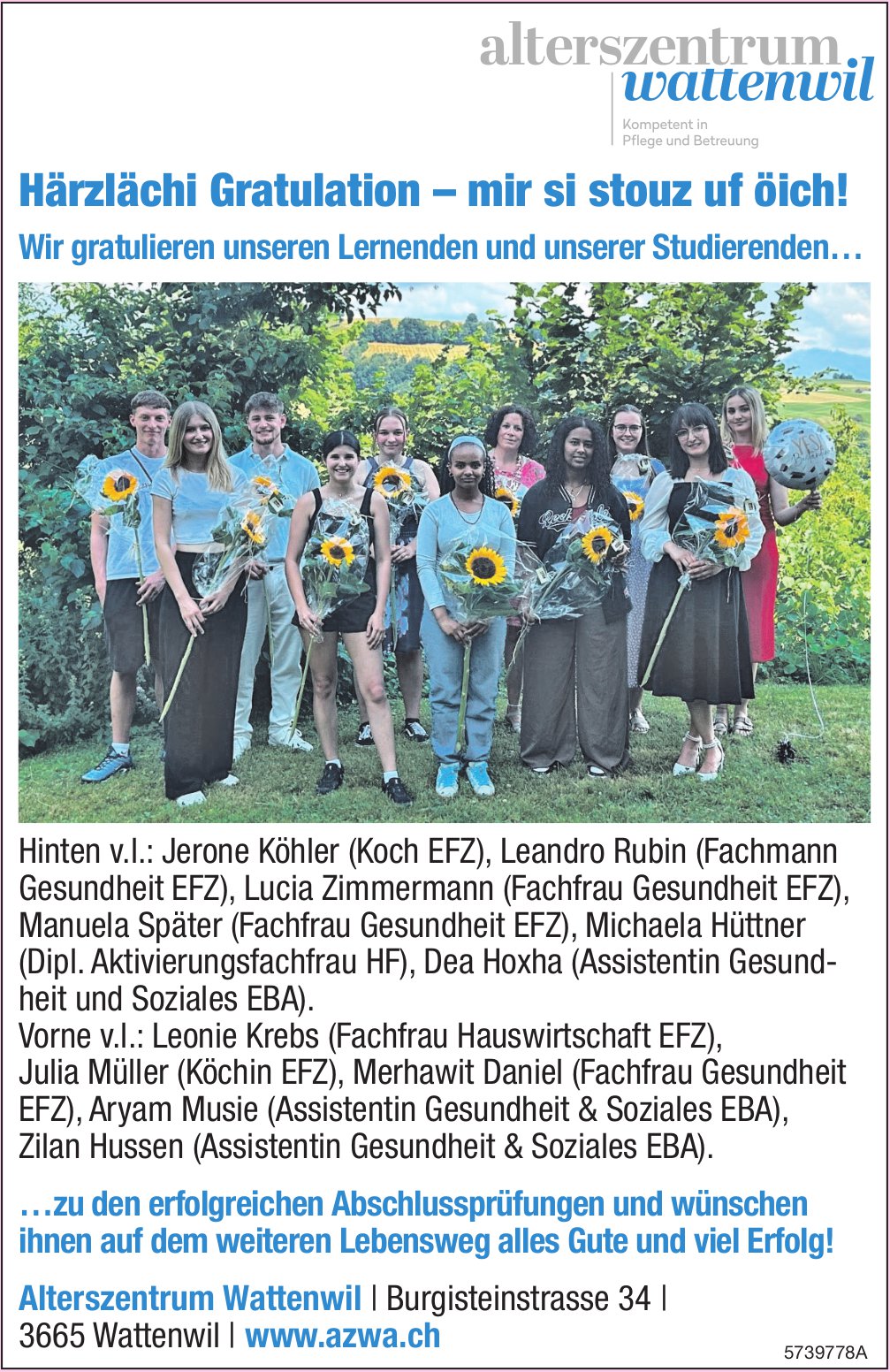 Alterszentrum Wattenwil, Wir gratulieren unseren Lernenden und unserer Studierenden zu den Abschlussprüfungen