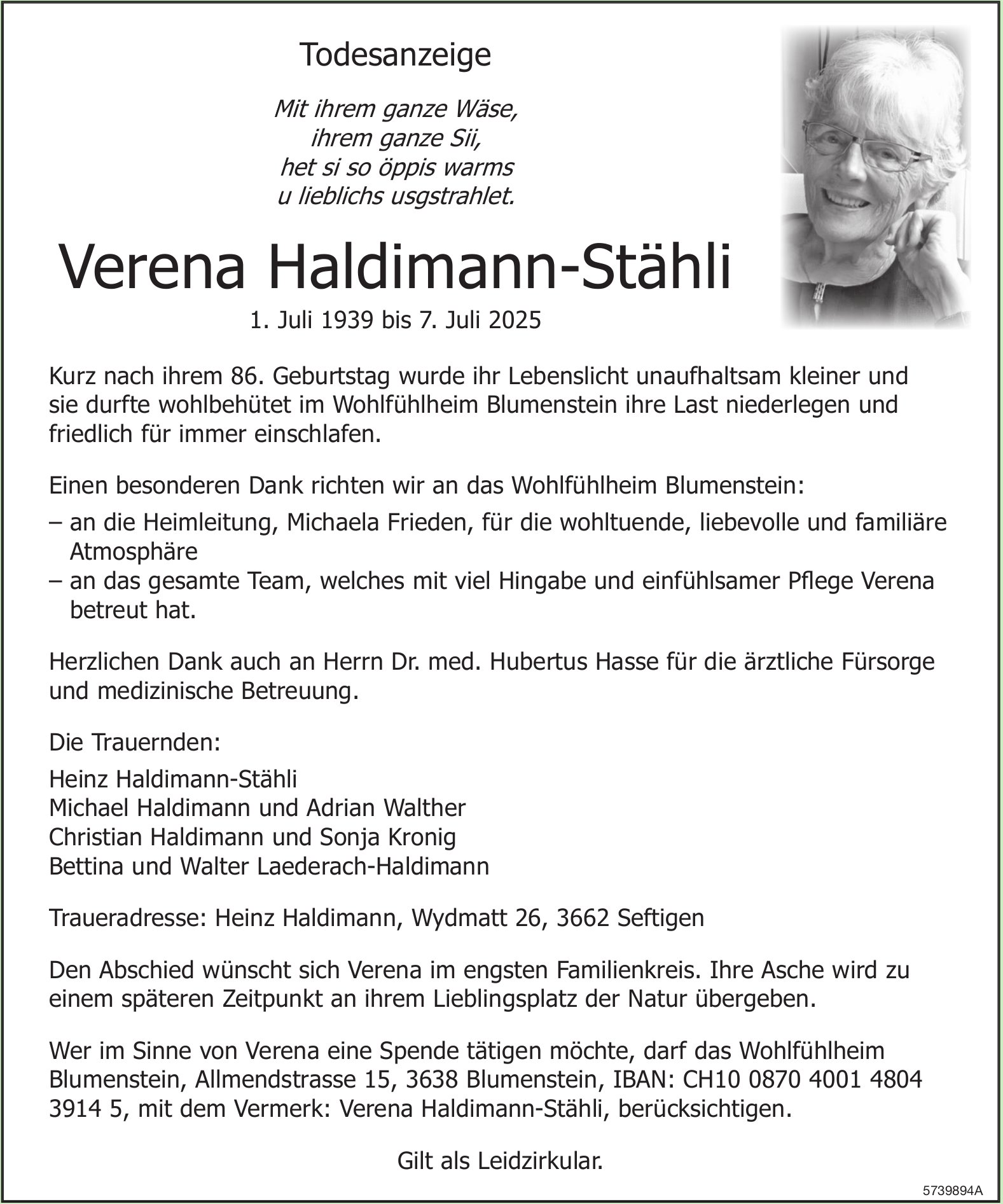 Haldimann-Stähli Verena, Juli 2025 / TA