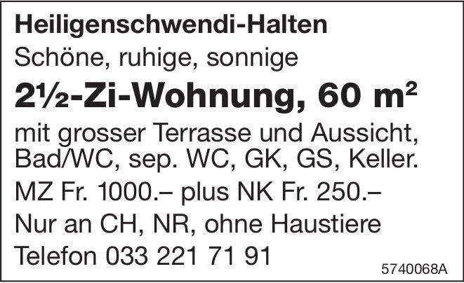 2.5-Zi-Wohnung, Heiligenschwendi-Halten, zu vermieten