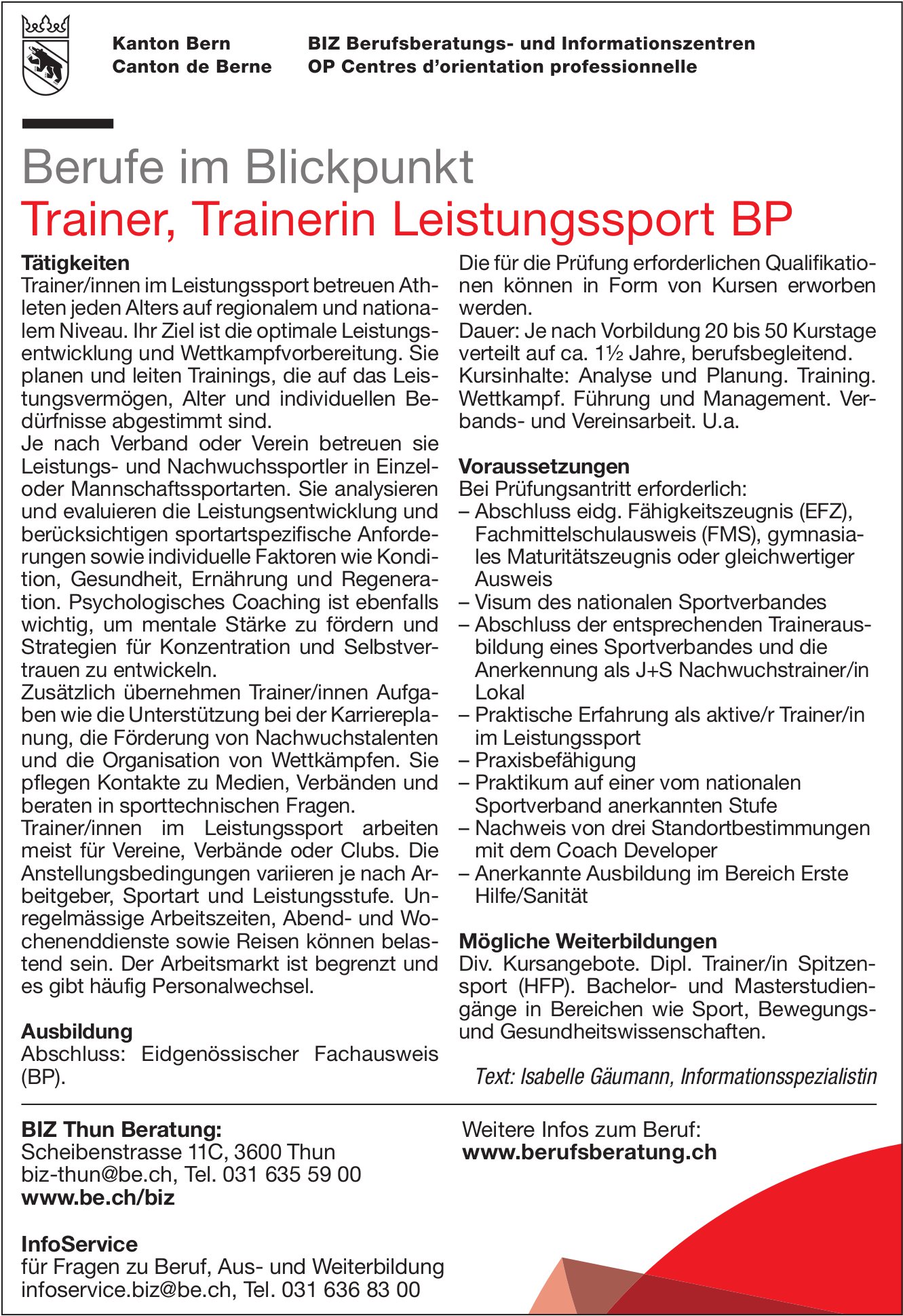 Trainer, Trainerin Leistungssport BP, BIZ Berufsberatungs- und Informationszentren, Thun,  gesucht
