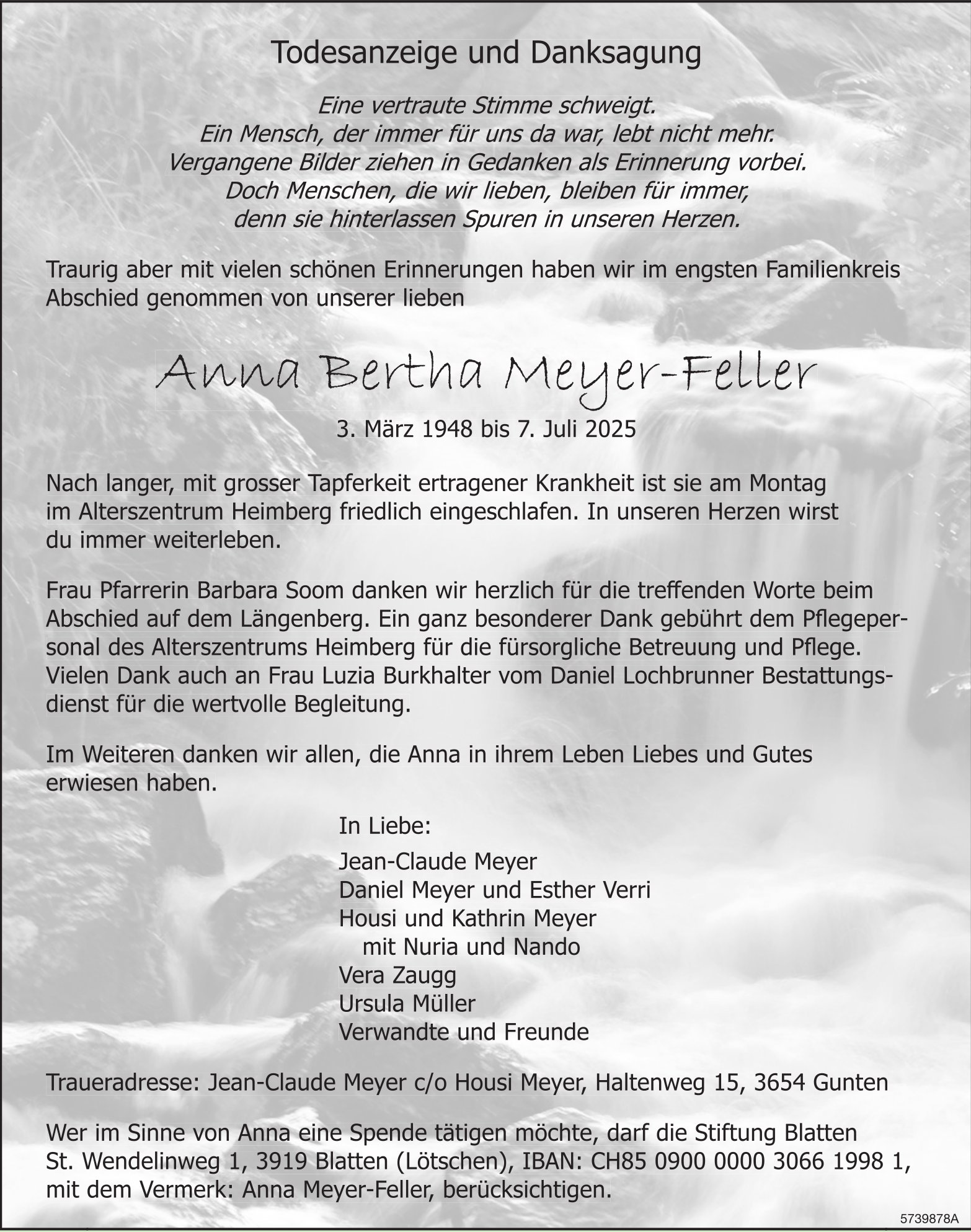 Meyer-Feller Anna Bertha, Juli 2025 / TA + DS