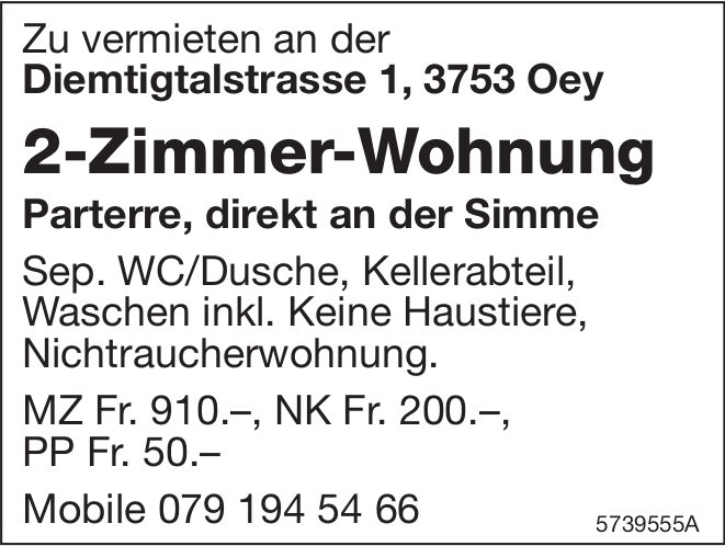 2-Zimmer-Wohnung, Oey, zu vermieten