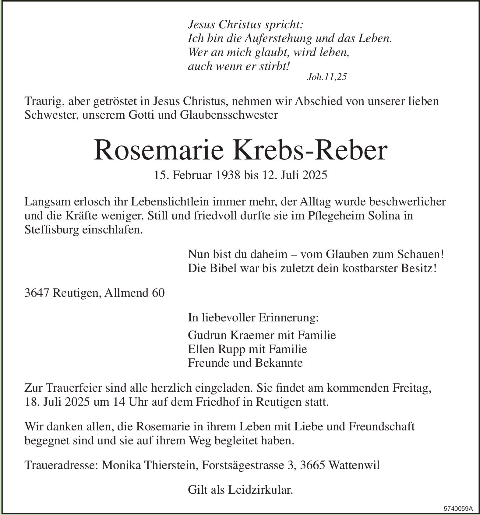 Krebs-Reber Rosemarie, Juli 2025 / TA