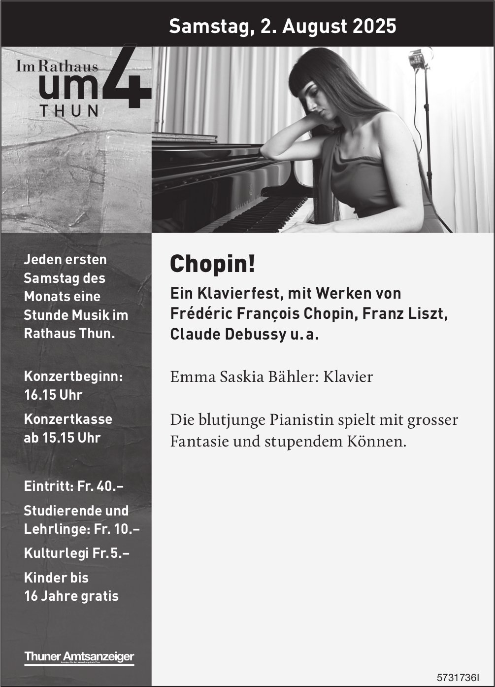 Klavierfest von Chopin, Liszt,  Debussy..., 2. August, Rathaus, Thun