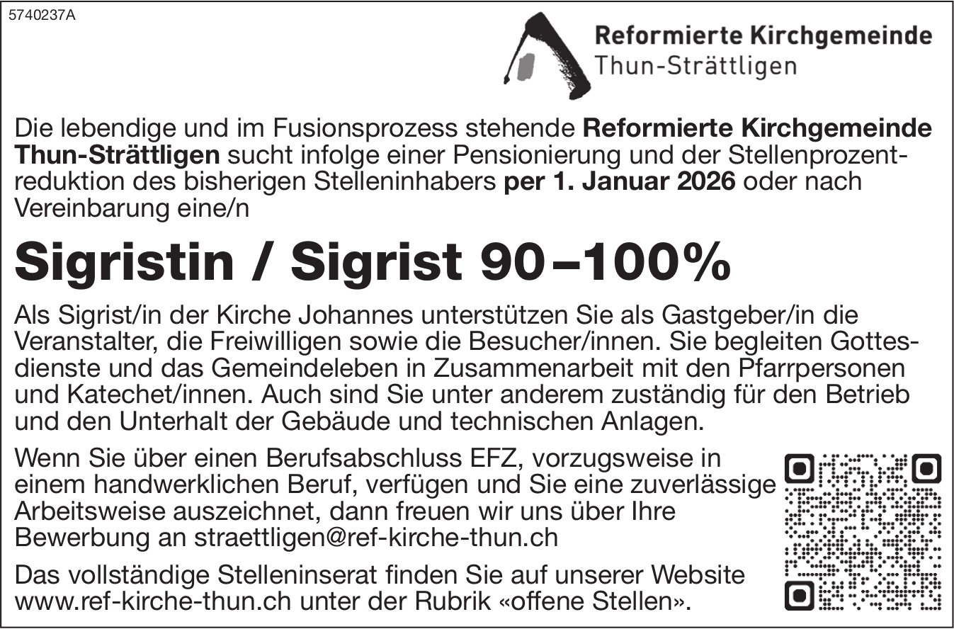 Sigristin / Sigrist 90-100%, ref. Kirchgemeinde, Thun-Strättligen, gesucht