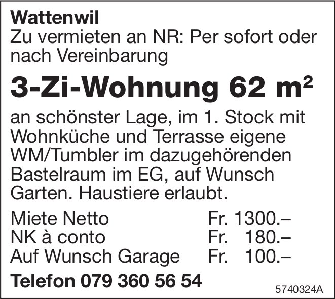 3-Zi-Wohnung 62m2, Wattenwil, zu vermieten