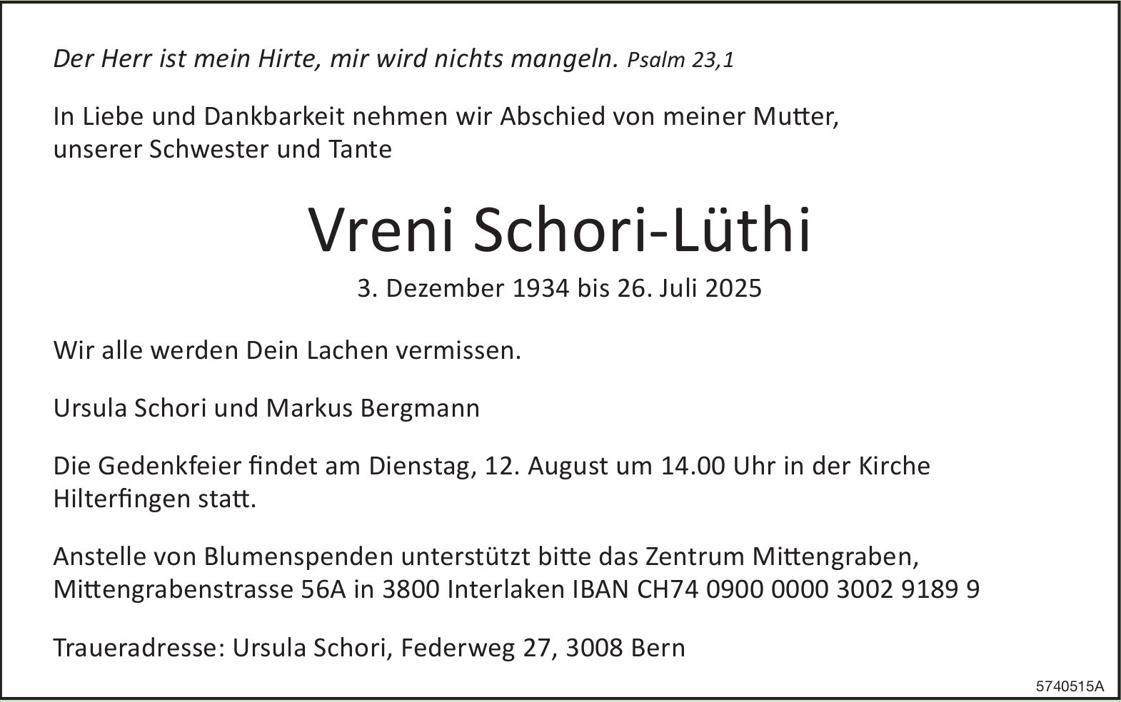 Schori-Lüthi Vreni, Juli 2025 / TA