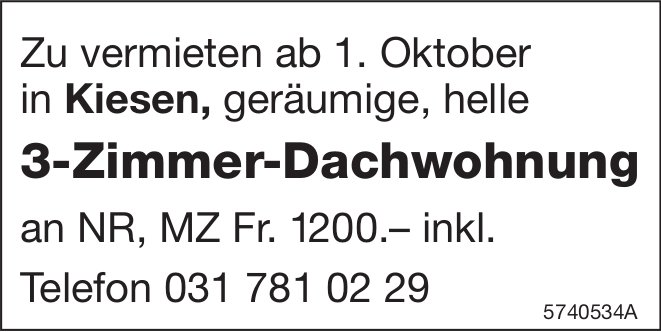 3-Zimmer-Dachwohnung, Kiesen, zu vermieten