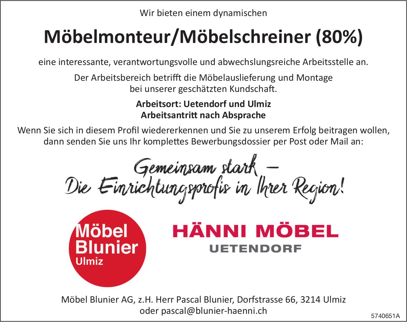 Möbelmonteur/Möbelschreiner (80%), Möbel Blunier AG, Ulmiz, gesucht