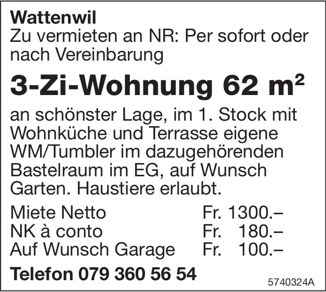 3-Zi-Wohnung 62m2, Wattenwil, zu vermieten