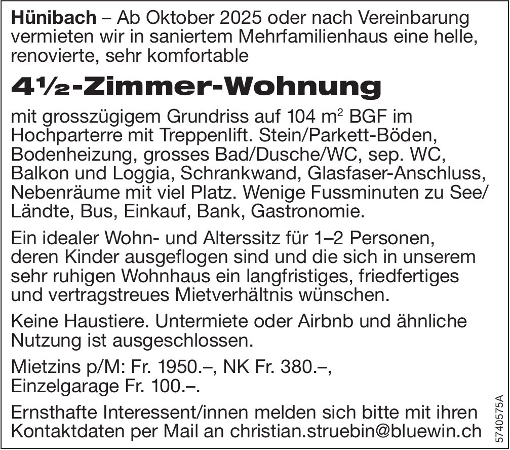 4.5-Zimmer-Wohnung, Hünibach, zu vermieten