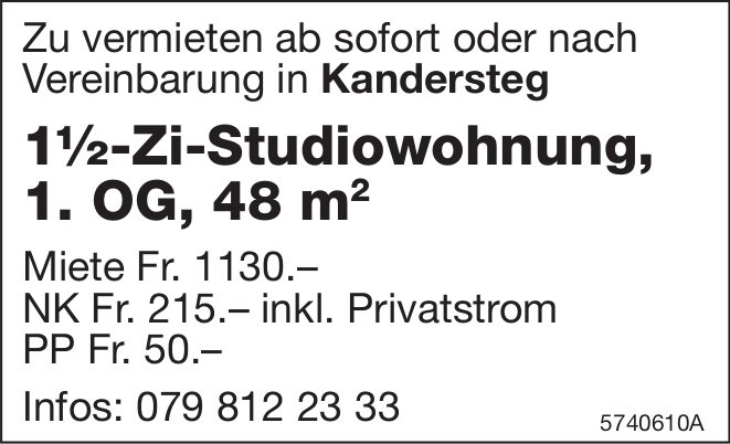 1.5-Zi-Studiowohnung, 1. OG,  48 m2, Kandersteg,  zu vermieten