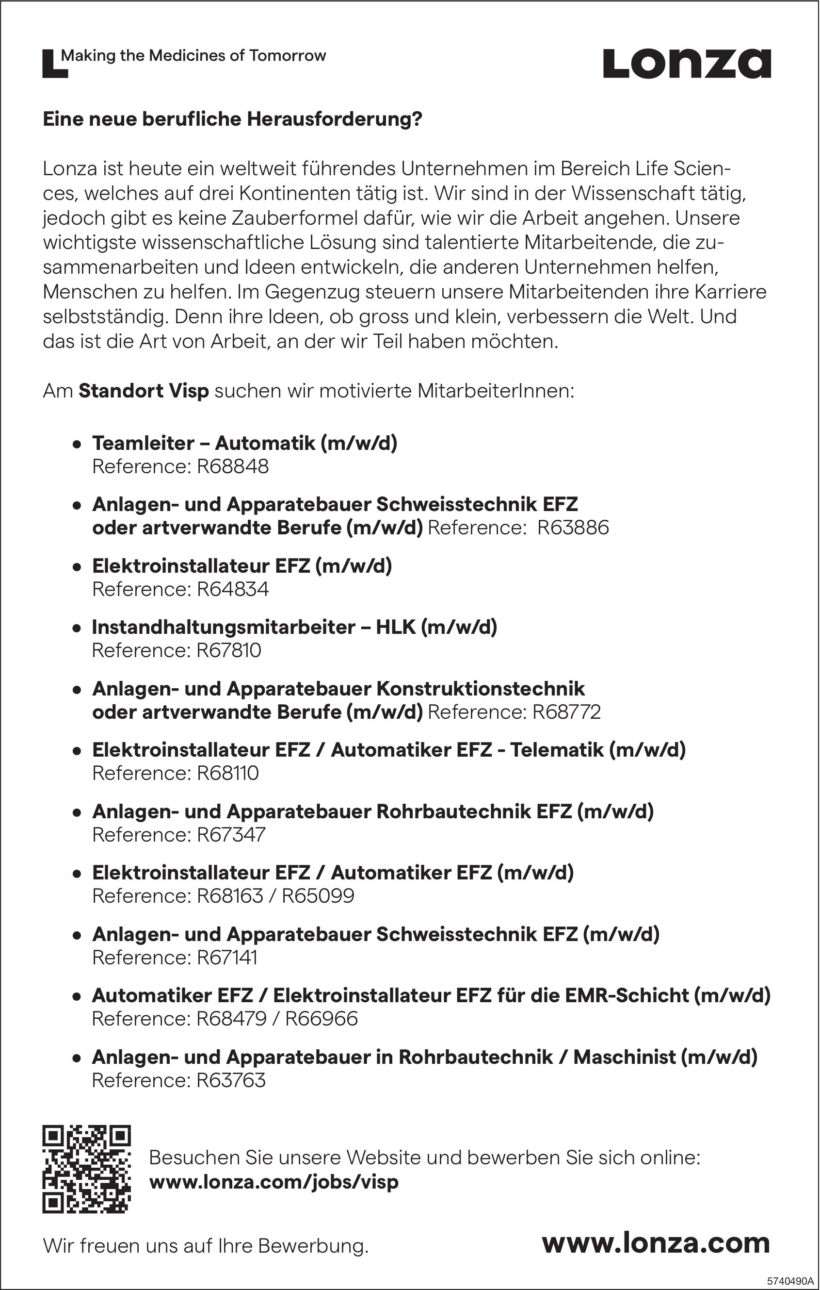 MitarbeiterInnen in verschiedenen Bereichen, Lonza, Visp, gesucht