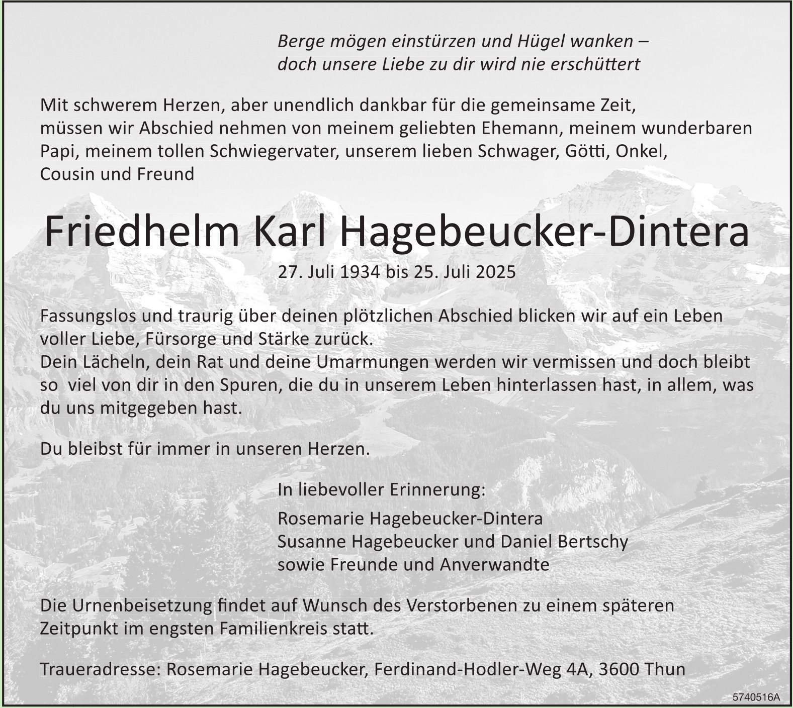 Hagebeucker-Dintera Friedhelm Karl, Juli 2025 / TA
