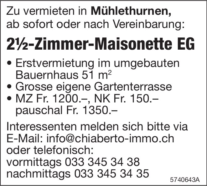 2.5-Zimmer-Maisonette EG, Mühlethurnen, zu vermieten