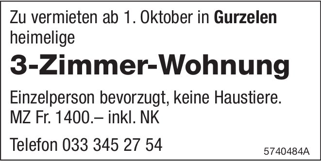 3-Zimmer-Wohnung, Gurzelen, zu vermieten